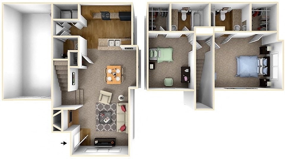 Floor plan for 2 beds, 2.5 baths, 1100 sqft